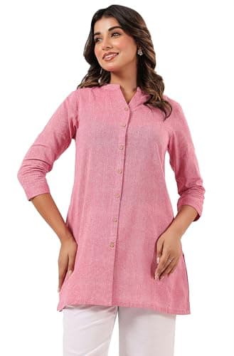 Janasya Indian Women's Pink Cotton Casual Office Wear Kurta