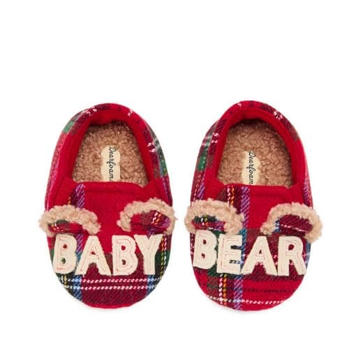 Dearfoams Unisex-Child Matching Family Holiday Lil Bear Sherpa Lined Moc Toe With Embroidery Slipper, Plaid, 0-3