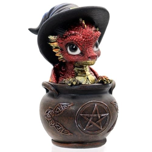 Aura Mojo Fantasy Red Dragon Statue with Witch Hat, Mini Resin Dragon Figurine, Desk Bookshelf Ornament, Unique Birthday Gift, Children's Day Gift for Family and Friends