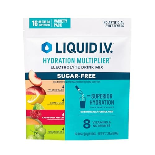 Liquid I.V.® Hydration Multiplier Sugar-Free Variety Pack - Raspberry Melon, Lemon Lime, White Peach, Green Grape | Electrolyte Powder Drink Mix | 1 Pack (16 Servings)