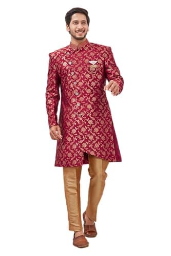 Lady Dwiza Indian Designer Wedding Festive Wear Jacquard Indo-Western Sherwani Pajama Set For Men