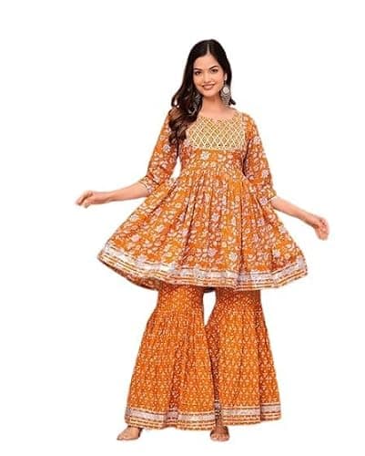 Aashita Creations Women's Rayon Anarkali Embroidered Gotta Patti Kurta Suit Set with Dupatta & Sharara (US, Alpha, Large, Regular, Regular, Mustard)