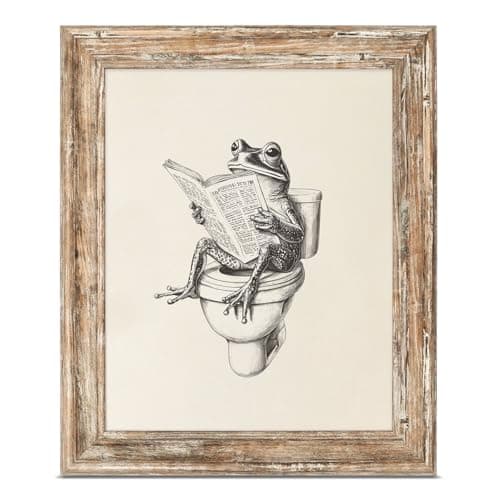 ASTRDECOR Funny Animal Wall Art 8x10 Framed - Frog on Toilet Reading Newspaper Canvas Painting, Farmhouse Bathroom Toilet Decor with Distressed Wood-Like Frame
