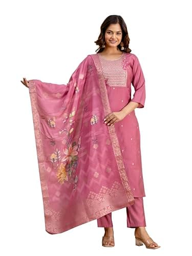 TRENDMALLS Women's Roman Silk Embroidery Kurta Pant with Dupatta Set (G373-Pink-XL)