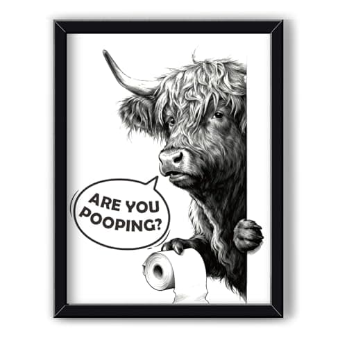 MSJGA Funny Highland Cow Bathroom Decor - “Are You Pooping?” Sign, Rustic Farmhouse Wall Art with Cute Animal Canvas Art for Restroom - Black Framed Cow Pictures Wall Decor Ready to Hang 12"x15"