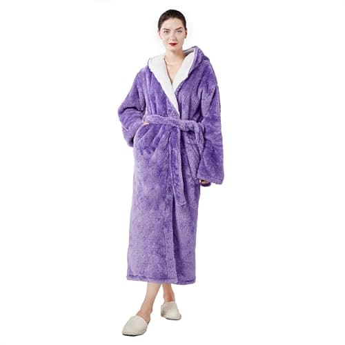 Skilydia Women's robes hooded winter warm with pockets soft bathrobe for women Cozy Spa Lounge wear ladies plush full length (Large, Purple Grey)