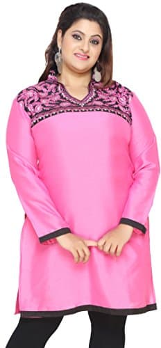 Maple Clothing Women's Plus Size Indian Silk Kurti Kurta Top Tunic (Pink, 4XL)