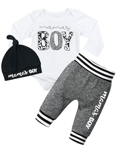 Fommy Baby Boy Clothes 9-12 Months Baby Outfits Long Sleeve Mamas Boy Print Cotton Romper + Grey Pants + Hats 3pcs Baby Clothes For Boys