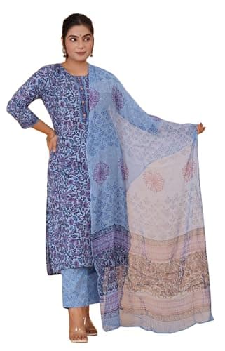 TRAFAART Pure Cotton Straight Kurta Pant Set for Women Indian Suit Kurti Pants with Dupatta-Blue (X-Large)