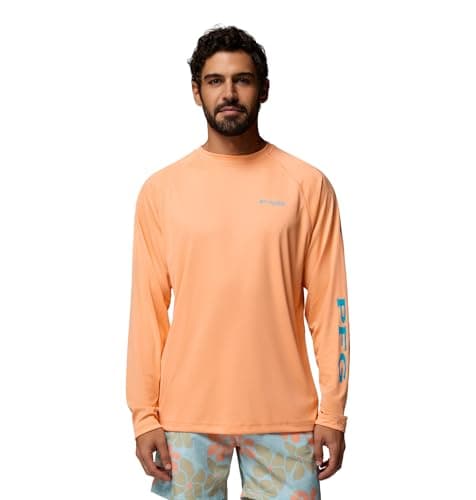 Columbia Men's PFG Terminal Tackle Long Sleeve Fishing Shirt, Bright Nectar/Ocean Teal Logo, 1X