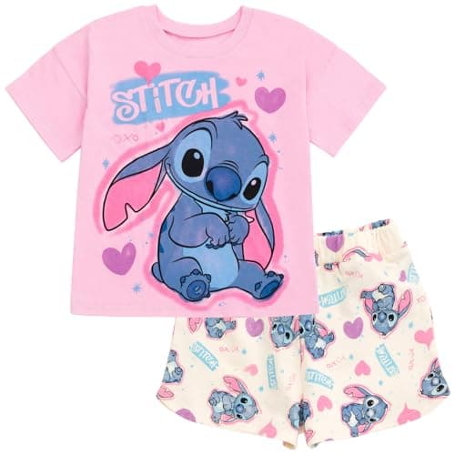 Disney Lilo & Stitch Little Girls T-Shirt and Dolphin French Terry Shorts Outfit Set Spray Paint 7-8