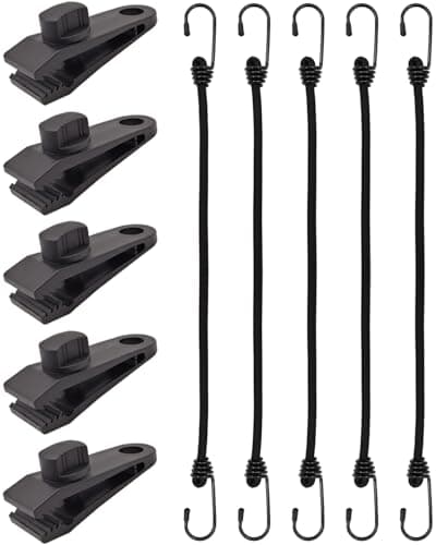 10 Pcs Heavy Duty Tarp Clips with Bungee Cord Hooks, 40cm Bungee Strap with Hook Lock Grip Secure Clamps for Tent, Canopy, Awning & Camping Gear (Black)