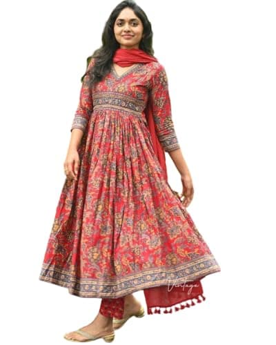 Archy Creations Traditional Anarkali Kurta Set with Pants and Dupatta, Cotton, Red Floral Print, 3/4 Sleeve (RED, M)