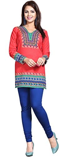 Kurti Top Tunic Women's Printed Blouse India Clothing (Red, XL)