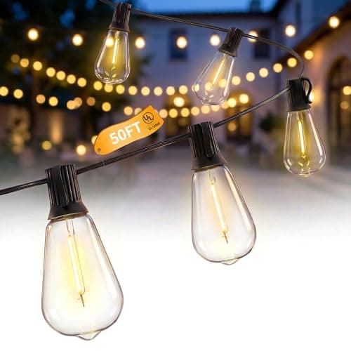 Romasaty 50FT LED Outdoor String Lights, Patio Lights with 25 Shatterproof ST35 LED Vintage Edison Bulbs Connectable LED String Lights, Waterproof Outdoor Hanging Lights for Backyard Garden