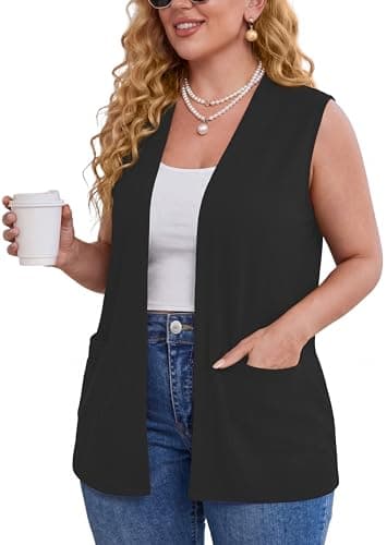 TIANZHU Plus Size Sweater Vest for Women Fashion Casual Soft Knit Office Vests with Pockets, Black, XXL