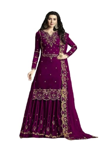 FABMIAMI New Indian/Pakistani Eid Ramzan Special Designer Georgette Sharara/Plazzo Style Salwar Suit for Women FM-15 (US, Numeric, 40, Regular, Regular, Wine)