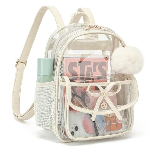 ASKSKY Clear Backpack for Stadium Events 12x12x6, Thick PVC Small Clear Bag with Leather Trim Fashion Women Backpack for Concerts, Sports, Festivals, Work, Travel-Beige
