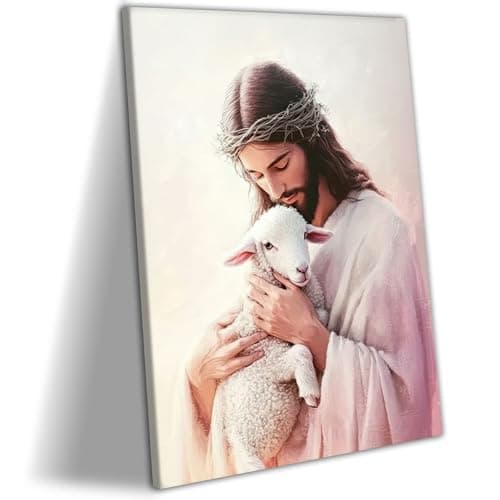 RJETZMU Jesus and the Lamb Canvas Wall Art, Inspirational Christian Religious Print, Gallery Wrapped Wall Decor for Living Room, Bedroom, Church, Prayer Room, 12x16 Inch, Ready to Hang