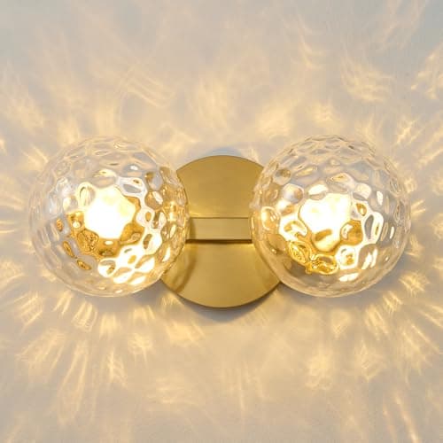 Gold Bathroom Vanity Light Fixtures: Modern Wall Scones With 2 Hammered Clear Glass Shades - Globe Makeup Lighting Fixture over Mirror - Brass Ball Powder Room Vanities Lights for Hallway Bedroom