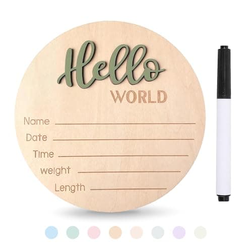 Xyndrella Baby Announcement Sign with Pen, 5.9 Inch Wooden Hello World Newborn Sign for Hospital, 3D Birth Announcement Board, Welcome Baby Name Signs for Nursery, Newborn Gift for Boy & Girl,Green