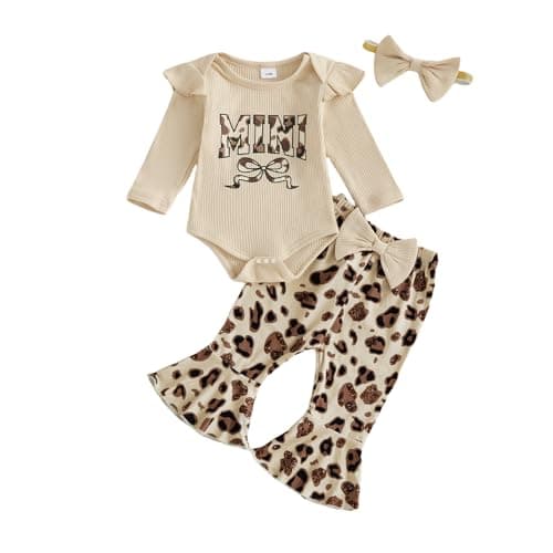 fhutpw Newborn Baby Girl Clothes Infant Rib Frill Long Sleeve Romper Flared Pants Headband Set 3pcs Fall Winter Outfits (Mini Bowknot- Apricot, 6-9 Months)