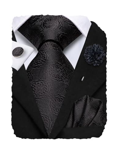 Hi-Tie Black Ties Set for Men Silk Novelty Jacquard Woven Necktie Formal Ties Lapel Pin Pocket Square Cufflinks Set for Wedding