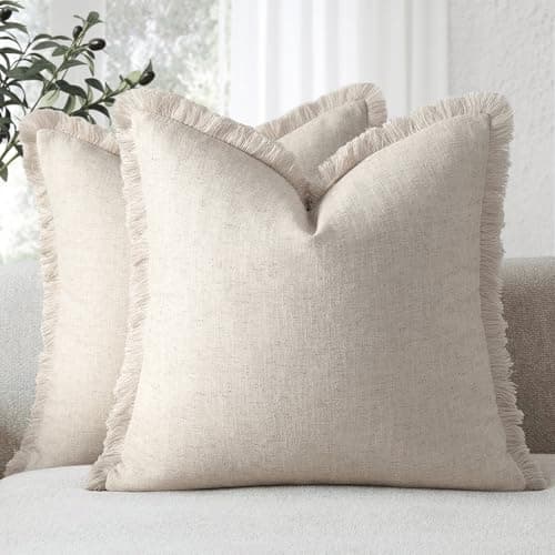 ZWJD Pillow Covers 24x24 Set of 2 Throw Pillow Covers with Fringe Chic Cotton Euro Shams Square Cushion Covers for Couch Sofa Bed Living Room Farmhouse Boho Decor, Natural Beige