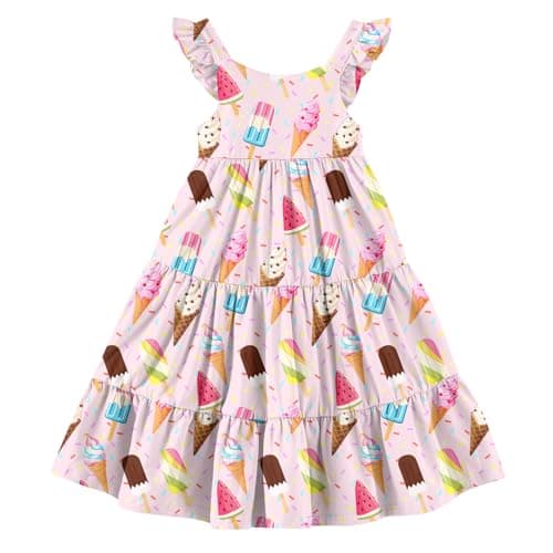Kimoda 5-6 Years Girl Ice Cream Print Dress - Ruffle Sleeveless Tiered Pink Sundress, Cute Summer Popsicle Watermelon Fruit A-Line Casual Party Outfit for Kids Girls