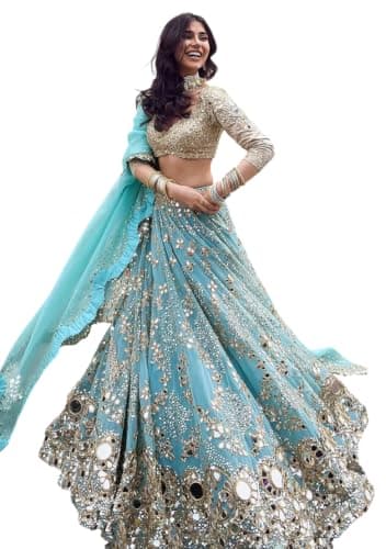 Indya Multi Mirror Work Georgette Lehenga Set for Wedding Lehengas | S Size | Three Quarter Sleeve | Ethnic Wear | V-Neck