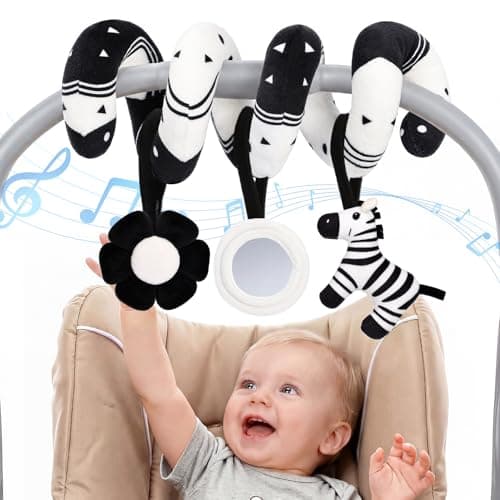 URMYWO Spiral Car Seat Baby Toys 0-6 Months, High Contrast Black and White Sensory Toys for Newborn, Infant Hanging Stroller Toy with Zebra Rattle, Squeaky Flower & Mirror, Shower Gift Essentials