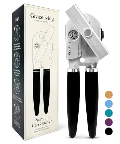 Graceliving Premium Multifunction Magnetic Manual Can Opener and Bottle Opener, Heavy Duty Stainless Steel Sharp Cutting Blade and Oversized Easy Turn Knob, Soft-Touch Handle, Kitchen Use, Black