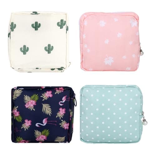4Pcs Sanitary Napkin Storage Bag, Portable Period Bag for Teen Girls Woman, Pad Pouch Tampon for Purse, Reusable Zipper Period Pouches for Teen School Office Travel Feminine Care Organizer, Flamingo