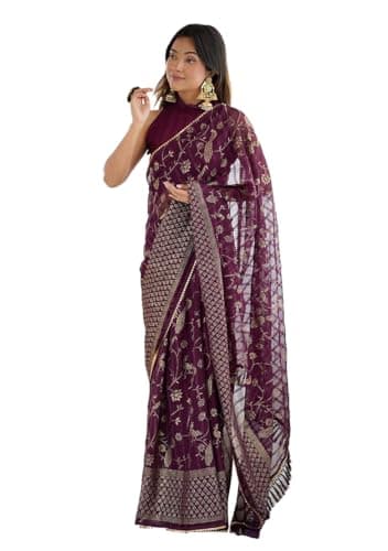 Indya Wine Embroidery Silk Blended Saree Set for Festive | Indian Ethnic Wear