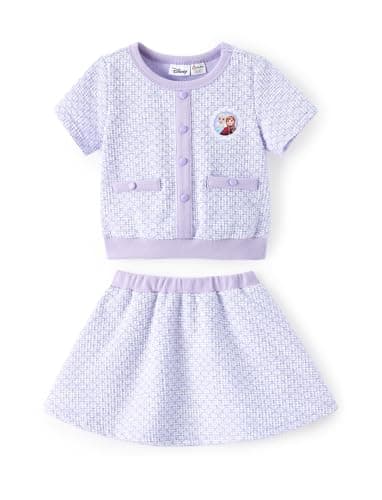 Disney Frozen Elsa Anna Toddler Girl 2 Piece Outfit Light Purple Short Sleeve Character Print Button Knit Elegant Top & Tweed Skirt Set Birthday Party Dress Costume Summer Holiday Clothes Gift 2T