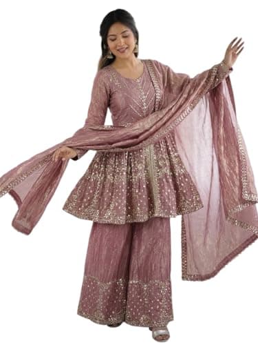 Cholista Women's Fendy Silk Embroidery Salwar Suit Set Kurta Sharara with Dupatta Stitched Ready To Wear. (US, Numeric, 38, Regular, Regular, light pink)