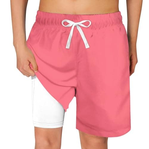 Belovecol Big Boys Swim Trunks with Compression Liner Size 18-20 Solid Color Bathing Suits Quick Dry Anti Chafe Swimming Trunks Coral Pink