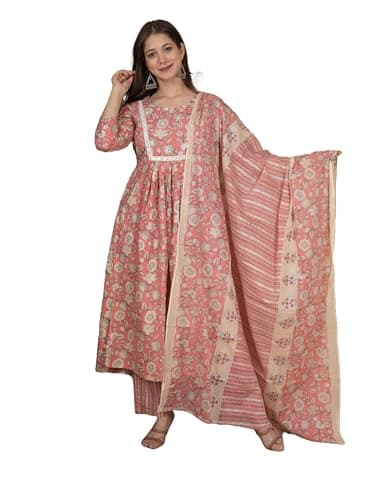 Meera Fab Women's Cotton Printed Zari Embrodriery Anarkali Kurta With Palazzo & Dupatta Set, Pink