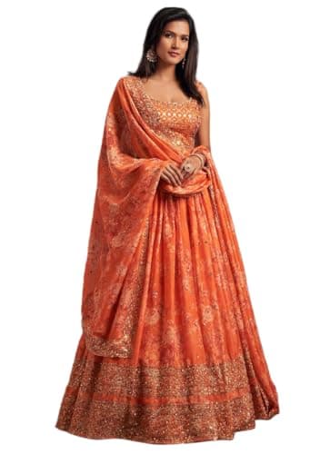 Indya Orange Floral Print Sequin Embroidered Lehenga Set for Wedding | Sleeveless | Sweetheart Neck | Indian Ethnic Wear