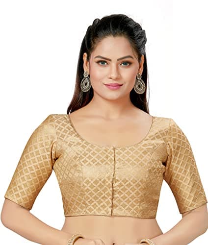 Madhu Fashion Women's Polyester Brocade Readymade Saree Blouse with Elbow Length Sleeves (34) (GOLD)