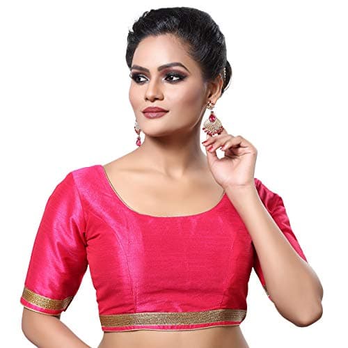 Madhu Fashion Womens Raw Silk Elbow Length Sleeves Readymade Saree Blouse (42, PINK)