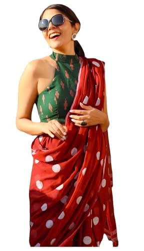 Sidhidata Women's Polka Dot Printed Linen Cotton Saree With Unstitched Blouse Piece (Laddu_Free Size)