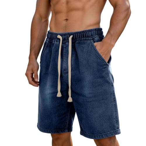 Mens Denim Shorts Summer Casual Stylish Short Pants Drawstring Elastic Waist Shorts Vacation Beach Outfit with Pocket