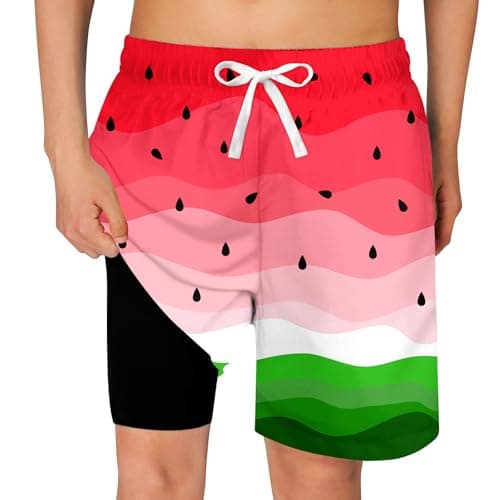 Cozople Boys Swim Trunks with Compression Liner Size 10-12 Watermelon Fun Kids Bathing Suit No Mesh Comfortable Swimsuit
