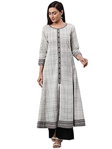 Yash Gallery Women's Cotton Slub Geometric Printed Anarkali Kurta for Women (1234YKOWHITE_White_Large)