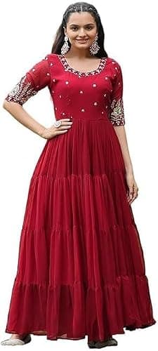 FOXDX Womens Sequence with Thread Embroidery Georgette Maxi Dress Ethnic Wear Comfortable Round Neck Gown (US, Alpha, XX-Large, Regular, Regular, Red)