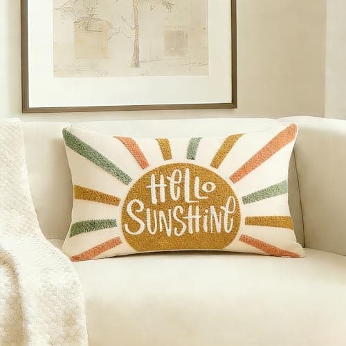 ONWAY Hello Sunshine Emboridery Summer Pillow Covers 12x20 Inch Stripes Yellow Rainbow Sun Decorative Boho Lumbar Patio Cushion Case for Sofa Couch
