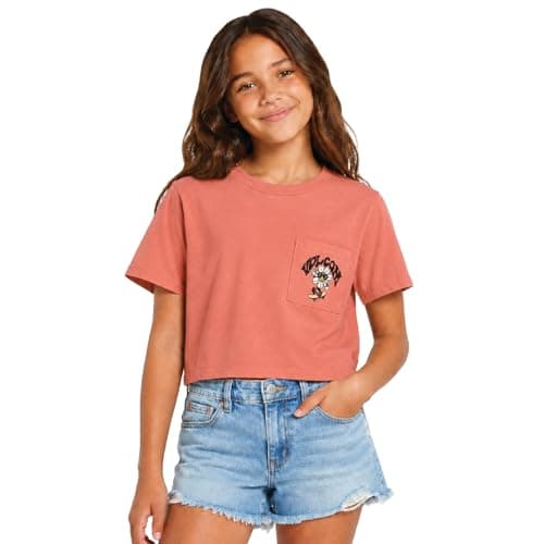 Volcom Girls Shirts - Casual Crewneck Short Sleeve Graphic Tee Trendy Tops - Breathable Girls Summer Clothes, Size 12, Coral Pocket Dial