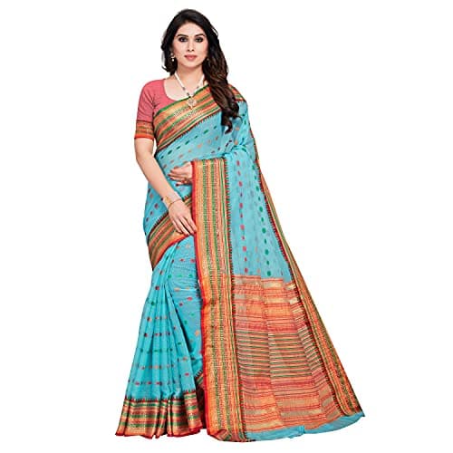 Sidhidata Women's Kota Doria Cotton Manipuri Saree With Unstitched Blouse Piece (Sky Blue)