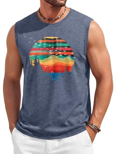 Runcati Mens Casual Tank Tops Graphic Printed Workout Muscle Sleeveless Shirt Crewneck Summer Beach Hawaiian Vintage T Shirts Navy